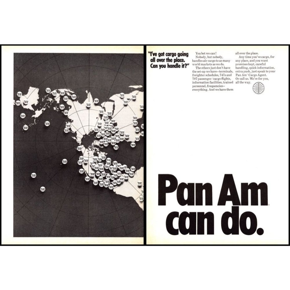1972 Pan Am Airlines Cargo Flights 2 Page Vintage Print Ad North Pole Map Photo